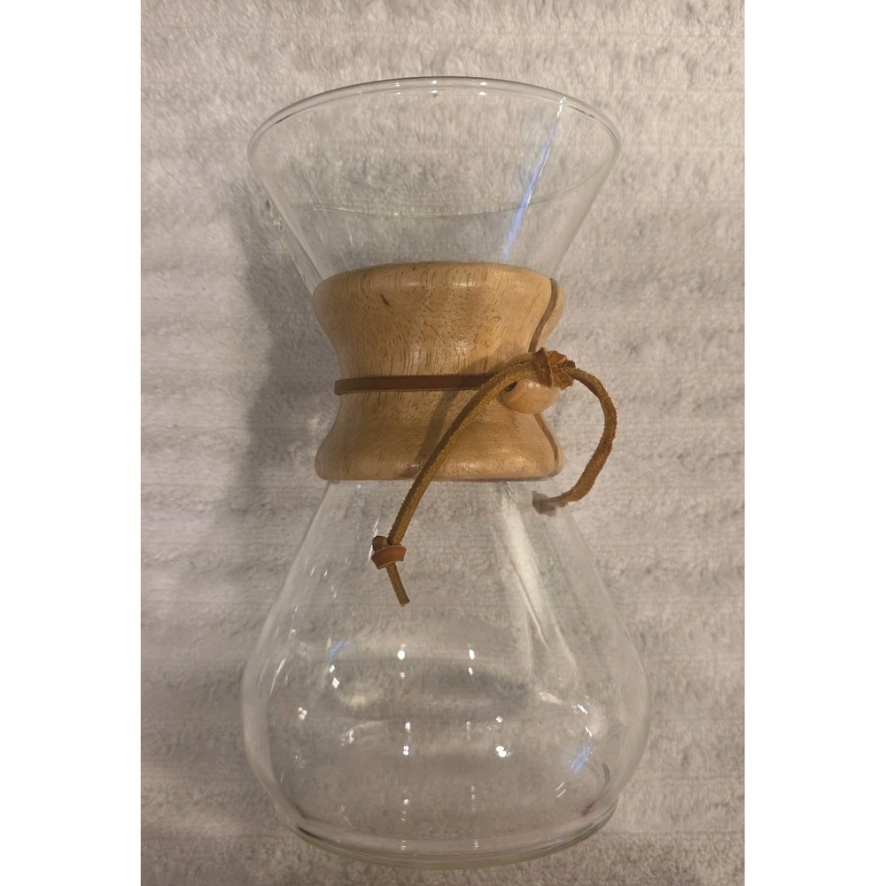 Vtg MCM Chemex Pyrex Glass Pour Over Coffee Maker /Wooden Collar, Filters, 9 in